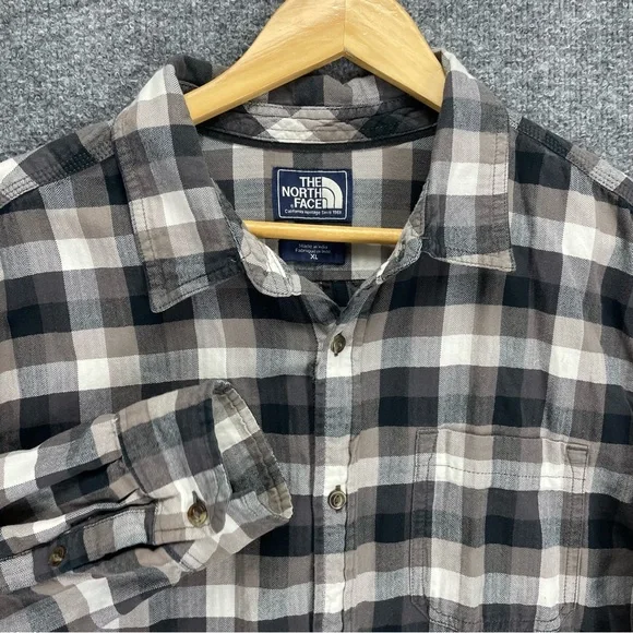 The North Face Plaid Flannel Shirt Men’s XL Gray White Tweed Herringbone Cotton - Picture 1 of 9